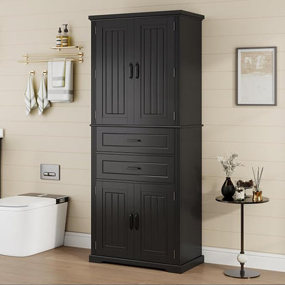 Storage Cabinet,Tall Freestanding Cabinet with Adjustable Shelf | Tall storage cabinet, 4-door design, 5+ shelves, upper door shelves, and 2 pull-out compartments for organized storage