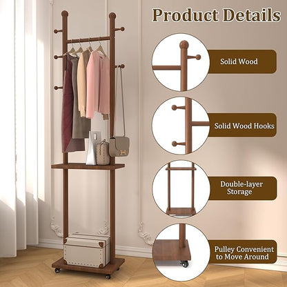 Coat Rack Freestanding Solid Wood Clothing Rack with Wheels & 2 Storage Shelves & 5 Hooks,Rotary Heavy Duty Wood Coat Tree Stand Hat Hanger Rack for Entryway Bedroom Living Room Corner(Walnut)