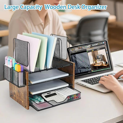 OPNICE Wood Desk Organizers and Accessories, 4-Tier Workspace Desktop Paper Organizer with Drawer, 5 Vertical File Holders and Pen Holder for Office Supplies