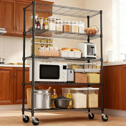 M MZG 1750LBS 47.2" W 5 Tiers Storage Shelves Metal Shelving Unit with Wheels Heavy Duty Garage Shelving Adjustable Wire Shelves for Pantry,Kitchen,Garage,Basement,Black 17.7" D x 47.2" W x 76.8" H