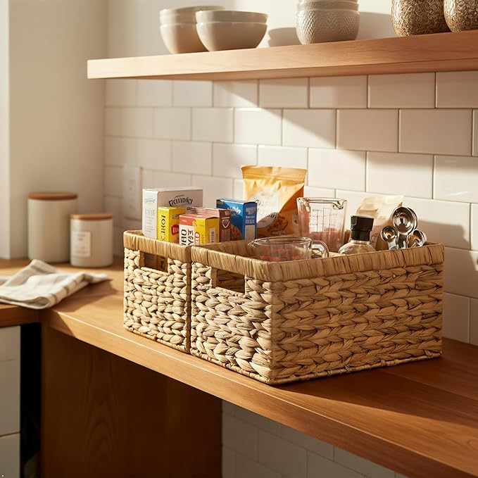 Water Hyacinth Storage Baskets Set of 2 - Medium Decorative Wicker Baskets for Organizing Shelves, Rectangular Woven Storage Bins with Handles for Pantry, Bathroom, Living Room 13"x9"x7"