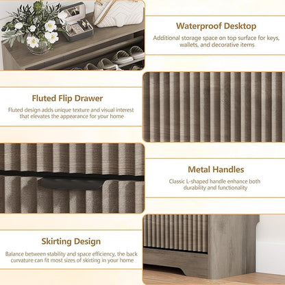 Shoe Cabinet Storage for Entryway with 4 Flip Drawers, Grey Fluted Shoe Cabinet with Adjustable Shelves, Wooden Hidden Shoes Rack Freestanding Narrow Slim Shoes Storage for Hallway, Entrance