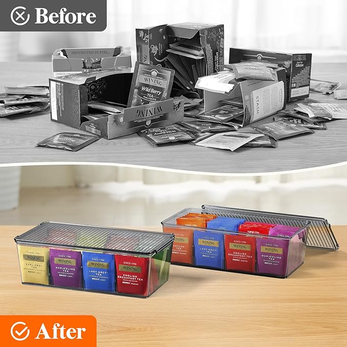 Lifewit Tea Bag Organizer with lids, Plastic Teabag Box with 16 Compartments, Stackable Divided Storage Containers for Cabinet, Pantry, Countertop, Sugar Packets, Black, 29 cm/11.5 inch L, 2 Pack