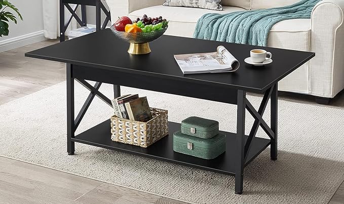 GreenForest Black Coffee Table with Storage Shelf 39 inch, 2 Tier Rectangular Center Table for Living Room,Modern Farmhouse Small Table for Home Office,Easy Assembly