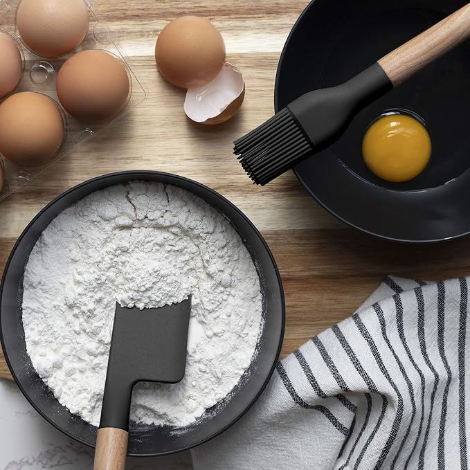 Country Kitchen Non Stick Silicone Utensil Set with Rounded Wood Handles for Cooking and Baking, 6 Piece Set, Black | Rounded Wood Handles, For Cooking and Baking