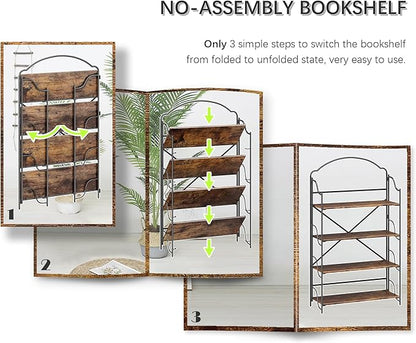 4NM No Assembly Extra Wide Folding Bookshelf for Living Room, 4 Tiers Collapsible Book Shelves Open Industrial Foldable Bookcase Storage Shelf for Home Office - Rustic Brown Black