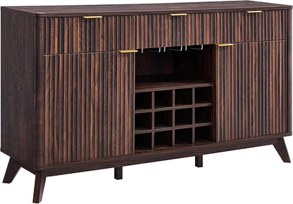 OKD 60" Fluted Buffet Cabinet with Storage - 3 Drawers and 2 Doors, Mordern Wine & Coffee Bar Cabinet with Wine and Glass Racks, Sideboard with Adjustable Shelves for Kitchen, Dining Room,Walnut
