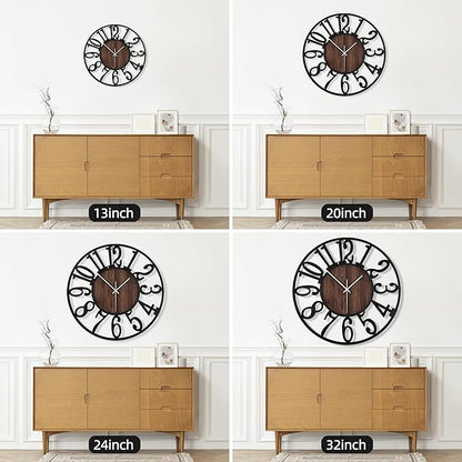 Maxstar Large Round Wall Clock for Living Room Decor Battery Operated Non Ticking Black Metal Wood Clocks for Home Living Room Garden Farmhouse Office Kitchen Decoration -32 inch