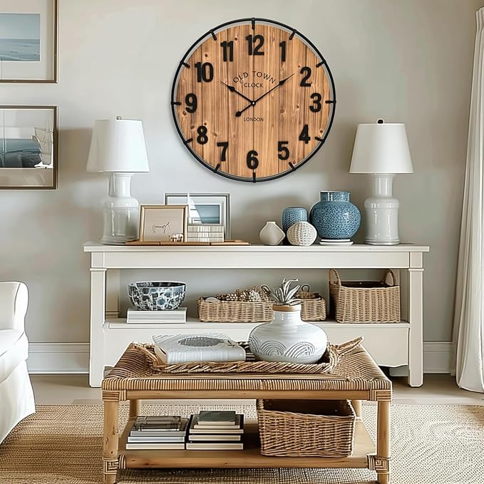 MICWIC 24 Inch Farmhouse Wall Clock Large Old Town Vintage Rustic Wooden Clock with Metal Rim and Large Numerals, Silent Battery-Operated for Office, Kitchen, Bedroom, and Living Room