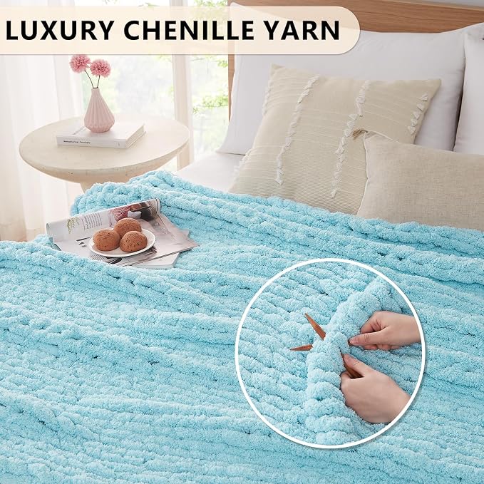 L'AGRATY Chunky Knit Blanket Throw: 72''x84'' Chenille Chunky Knitted Throw Blankets for Bed Couch - Handmade Thick Big Cable Knit Blanket - Large Crochet Blankets for Home Decor(Light Blue)
