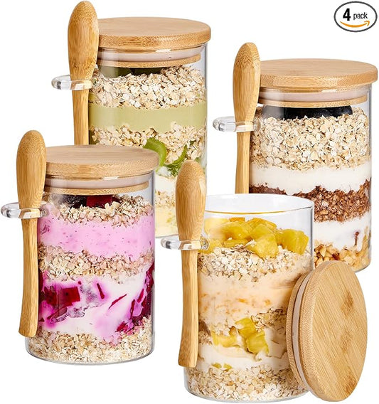 4 Pack Overnight Oats Containers with Bamboo Lids and Spoons - 22 oz Airtight Glass Jars with Lid, Meal Prep Jars for Chia Pudding, Yogurt, Salad, Cereal, Coffee, Flour | Food Storage Canister