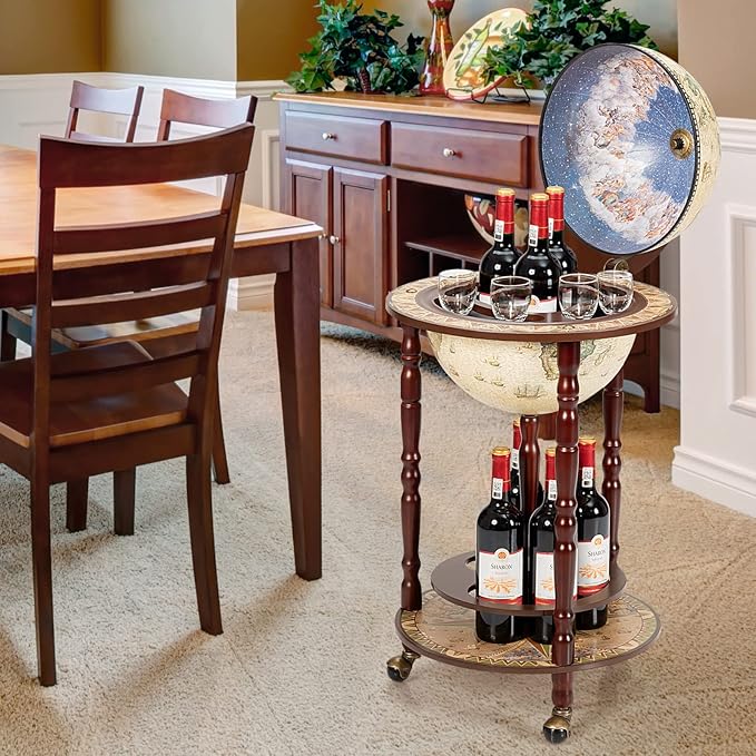 LDAILY 17.5’’ Wood Globe Bar, 16th Century Italian Replica Vintage Bar Cart with Wheels, Alcohol Cabinet with Liquor Storage, Bottom Shelf & Old World Map, Round Bar Cart for Home (Creamy White)