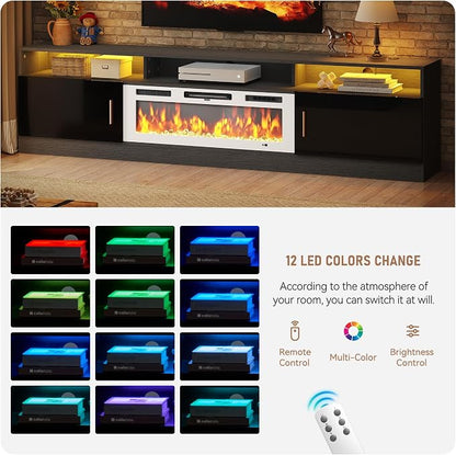 MXV 78" Fireplace TV Stand with Power Outlet for TVs UP to 90", Electric Fireplace Entertainment Center with LED Lights & Storage Cabinets, TV Console for Living Room, Office, Black-White