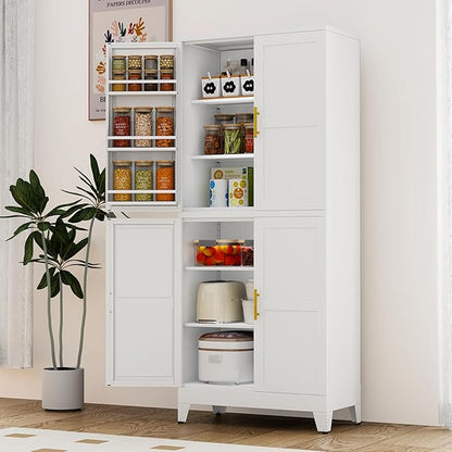 GAIOUS 74.8" Tall Metal Food Cabinet, White Kitchen Pantry Cabinet, Storage Cabinets with 4 Door and 4 Adjustable Shelves, Steel Freestanding Cupboard for Kitchen Dining Room Living Room Bathroom