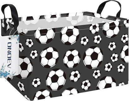 Rectangular Soccer Ball Pattern Storage Bin, Decorative Canvas Laundry Basket with Dual Handles, Foldable Household Toy Organizer, Multipurpose Party Gift Basket for Bedroom Dorm (Soccer)