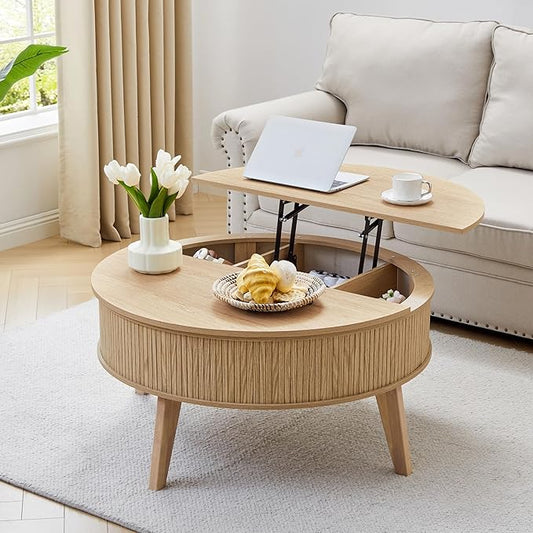 Round Lift Top Coffee Table with Storage, 35.4'' Fluted Wood Center Table Mid Century Modern Coffee Table with Lifting Top for Living Room, Office, Small Space (Natural)