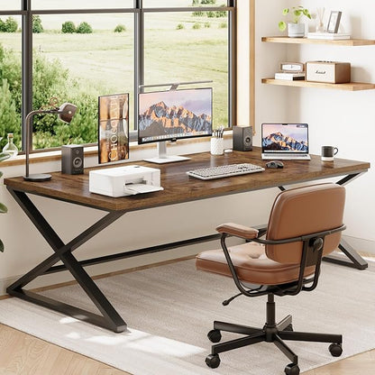 IBF Rustic Large Desk for Home Office, 78.7" Extra Long Computer Desk, Wood Metal Wide Work Desk for Study Writing, Farmhouse Dual Monitor Workstation Gaming Desk Computer Table, Rustic Brown