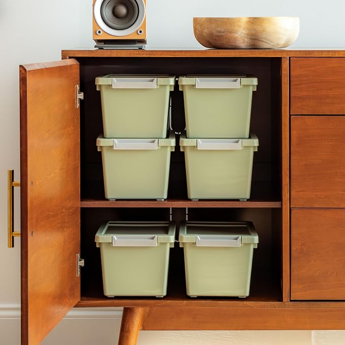 IRIS USA 4 Qt. Craft Storage Bins with Lids, 6-Pack, |Made in USA|, Clip Box, Small Plastic Sensory Bin Tote Organizer Containers for Art Supplies, Paper, & Office, Stackable - Sage Green
