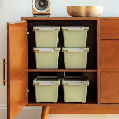 IRIS USA 4 Qt. Craft Storage Bins with Lids, 6-Pack, |Made in USA|, Clip Box, Small Plastic Sensory Bin Tote Organizer Containers for Art Supplies, Paper, & Office, Stackable - Sage Green