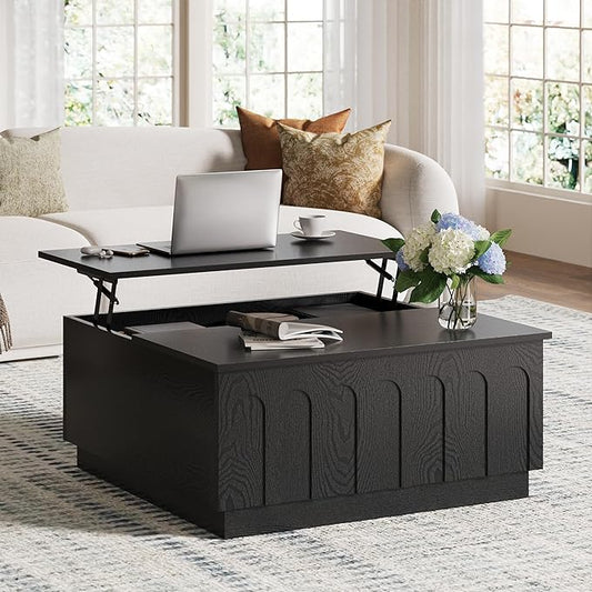 FORTUNETEC Lift Top Coffee Table with Storage, Modern Coffee Table with Arched Design, 31.5" Square Tea Table with Wood Grain, Minimalist Multifunctional Center Table for Living Room, Office, Black