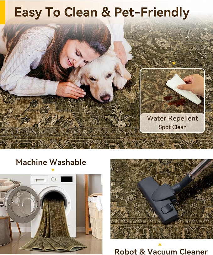 RELEANY Area Rugs Square 6ft Washable Non-Slip, Floral Vintage Distress Medallion Carpet for Living Room Bedroom Dining Room, Brown Dark Brown