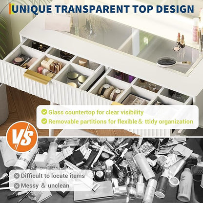 48" Makeup Vanity Desk with Mirror ＆ Lights, 4 Drawers & 3-Shelves Vanity Desk Set, 3 Color Lighting Modes ＆ Adjustable Brightness, Dressing Table Set w/Charging Station for Bedroom - White