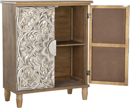 Sophia & William Accent Cabinet with Doors, Distressed Decorative Storage Cabinet with Wood Frame and Silver Embossed Pattern for Entryway Living Room