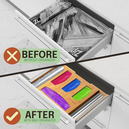 Forest & Twelfth Expandable Bamboo Kitchen Drawer Organizer for Storage Bags, Gallon, Quart, Snack, Sandwich Size, Plastic Wrap Foil Dispenser with Prep Bag Holder, Eco-Friendly Kitchen Organization