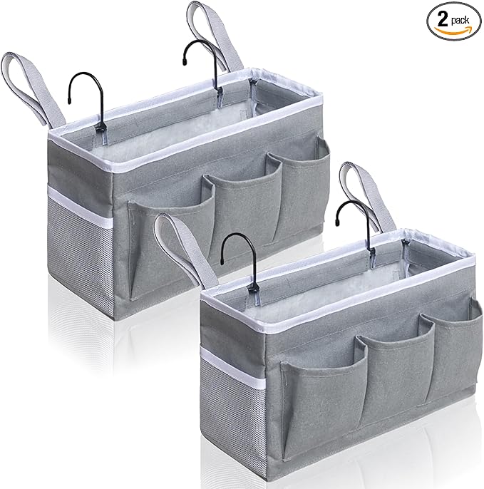 Kanrichu Bedside Caddy Hanging Storage Bag, Organizer Baskets with Pockets for Bunk Bed Accessories, Loft & Dorm Rooms Chair Bed Rails (Gray)