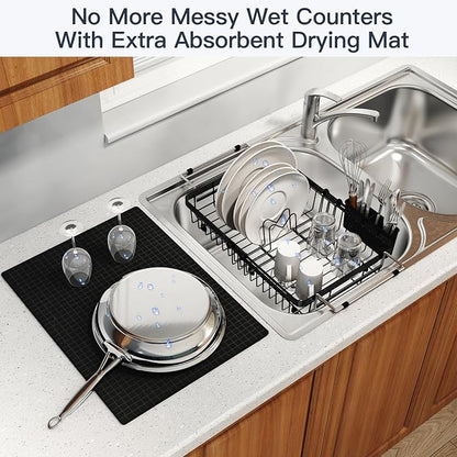 MAJALiS Dish Drying Rack Over The Sink with Utensil Holder, Mat | Expandable Stainless Steel Dish Drainer for Small Kitchen, Apartment, RV, Counter Space Saving, Perfect Fit, Rustproof