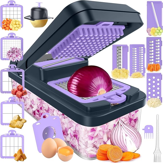 SpaceHacks 15-in-1 Vegetable Chopper, Kitchen Gadgets with 10 Blades, Veggie, Food, Onion Chopper, Cucumber Slicer, Versatile Mandoline, Includes Egg Separator & Finger Guard, Purple