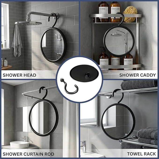 MIRRORVANA Hangable Round Fogless Shower Shaving Mirror with 360° Swivel Rotatable Hook for Hanging and Bonus Anti-Fog Spray - Anti Fog and Shatterproof Surface, 6.7" Diameter (Black)