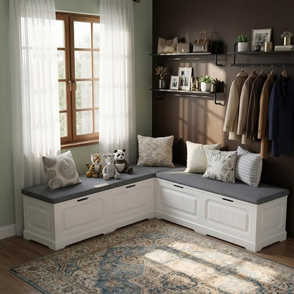 PAKASEPT L-Shape Storage Bench with Cushion, Backless Corner Bench Nook with Storage, Kitchen Dining Nook Bench with Hidden Storage for Dining Room, Kitchen, Entryway