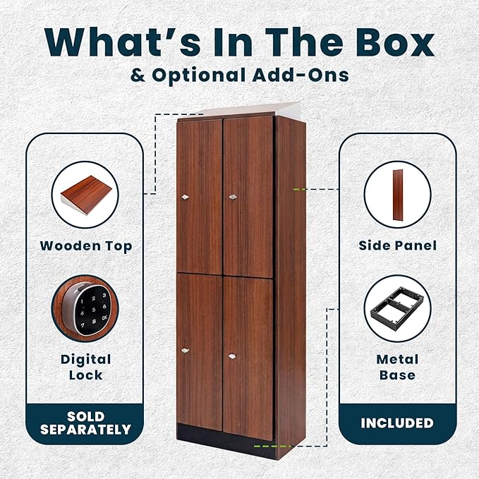 Alpine 4 Door Wooden Locker Cabinet - 72" Expandable Commercial Storage Lockers for Gym, Spa, Office & Golf Club - Includes Metal Base & Lock-Ready Handles, Double Column 2 Tier - Walnut