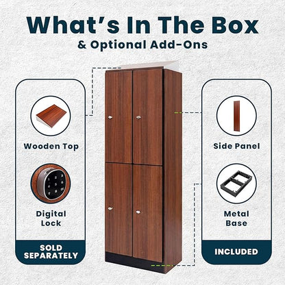 Alpine 4 Door Wooden Locker Cabinet - 72" Expandable Commercial Storage Lockers for Gym, Spa, Office & Golf Club - Includes Metal Base & Lock-Ready Handles, Double Column 2 Tier - Walnut