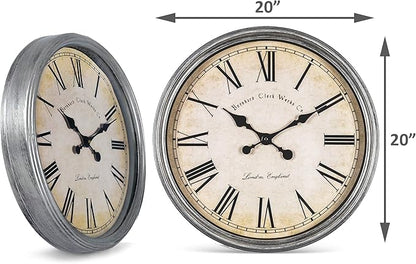 Bernhard Products Large Decorative Wall Clock 20 Inch Silent Non Ticking Battery Operated Quartz Vintage Stylish with Rustic Silver Rim for Home Living Room Dining Room Kitchen & Over Fireplace