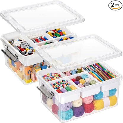 Citylife 17 QT Plastic Storage Box with Removable Tray Craft Organizers and Storage Clear Storage Container for Organizing Bead, Tool, Sewing, Playdoh, 2 Packs