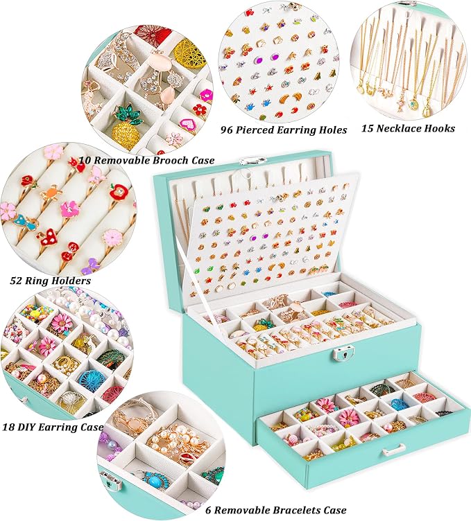QBestry Earrings Jewelry Box for Girls, 5 Layers Jewelry Organizer with Earring Holder Organizer for Girls Earring Organizer Jewelry Boxes for Women Earrings and Necklaces Jewelry Box Organizer Teal