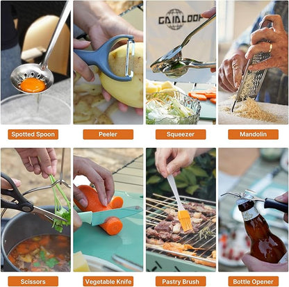 Gaialoop Portable Camping Cooking Utensils Set, Camp Kitchen Set with Organizer Bag, RV Essentials Outdoor Cooking Utensil Kit for Travel, Picnics, Camping, BBQs, Parties
