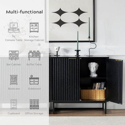 Fluted Cabinets with Storage Set of 2, Sideboard Buffet Cabinet with Adjustable Shelves, Modern Accent Console Table for Living Room Entryway, Black