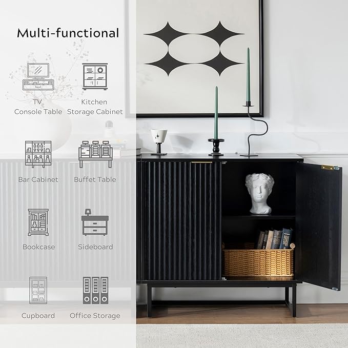 Fluted Storage Cabinets Set of 3, Sideboard Buffet Cabinet Modern Accent Cabinet with Adjustable Shelves, Credenza, Console Table Entryway Cabinets for Living Room, Black