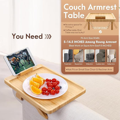 SINWANT Couch Arm Tray Table, Large Space 15.75"x 11.8" Bamboo Couch Armrest Table with 360° Rotating Phone Holder,Foldable Sofa Armrest Tray for Eating Snacks Drinks Remote Books