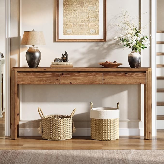 Solid Wood Console Table with 3 Drawers, 63-Inch Farmhouse Entryway Table with Rounded Corners, Long Sofa Table Behind Couch, Accent Table for Entrance, Hallway, Living Room, Rustic Brown