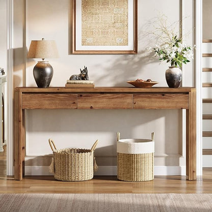 Solid Wood Console Table with 3 Drawers, 63-Inch Farmhouse Entryway Table with Rounded Corners, Long Sofa Table Behind Couch, Accent Table for Entrance, Hallway, Living Room, Rustic Brown