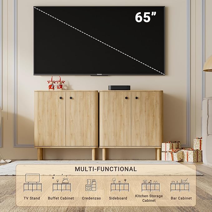 Fluted Sideboard Cabinet, Modern Buffet Cabinet, Small Storage Cabinet with Adjustable Shelves & Wood Legs, Accent Credenza Sideboard for Kitchen, Coffee Bar, Living Room, Entryway, Hallway