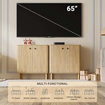 Fluted Sideboard Cabinet, Modern Buffet Cabinet, Small Storage Cabinet with Adjustable Shelves & Wood Legs, Accent Credenza Sideboard for Kitchen, Coffee Bar, Living Room, Entryway, Hallway