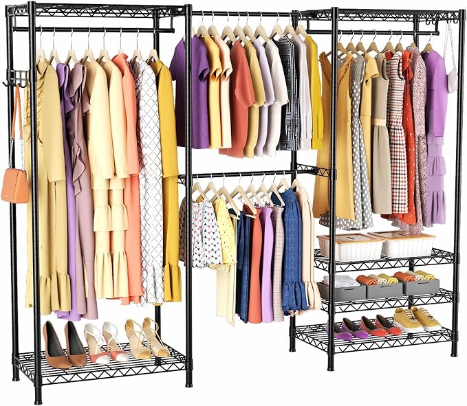 Heavy-Duty Clothes Rack, Expandable Closet Storage Unit with 6 Shelves and 4 Hanger Rods, Freestanding Bedroom Wardrobe Closet, Black