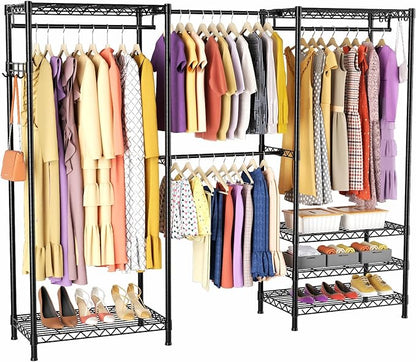 Heavy-Duty Clothes Rack, Expandable Closet Storage Unit with 6 Shelves and 4 Hanger Rods, Freestanding Bedroom Wardrobe Closet, Black