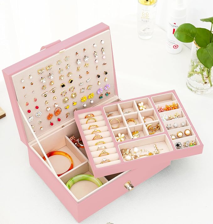 QBestry Girls Jewelry Box Earring Holder Organizer for Girls Earring Organizer Teen Jewelry Box Organizer for Girl Pink jewelry Boxes for Earrings Necklaces Rings Stud Earrings Box Organizers Teens
