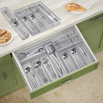 Neudeco Drawer Organizer Set, Silver Mesh, 6 Pack | 5-Compartment Silverware Tray, 5 Utensil Trays, Non-Slip, For Flatware, Cutlery, Office Supplies